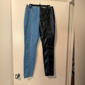 Black faux leather and denim jeans